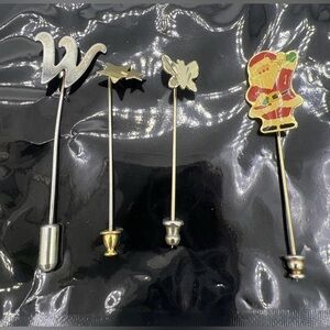 Vintage Lot 4 Stick Lapel Hat Pins Letter W,Stars,Butterfly,Santa